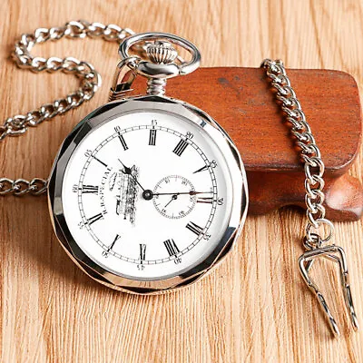 Vintage Mechanical Pocket Watch Open Face Silver Railway Engine Windup Chain Men • $18.79