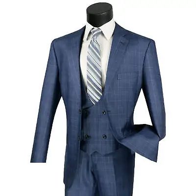 VINCI Men's Blue Sharkskin Glen Plaid 3 Piece Suit Reg Fit - NEW • $140