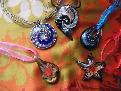 Five Varied Murano Glass Pendant On A Organza Necklace. New And Unworn • £4.99