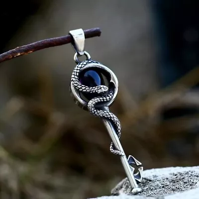 Mens Silver Snake Key Pendant Necklace Gothic Punk Jewelry Stainless Steel 24  • $10.99