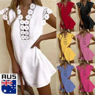 $18.49 • Buy Women Boho Lace V Neck Mini Dress Ladies Holiday Beach Party Sleeveless Sundress
