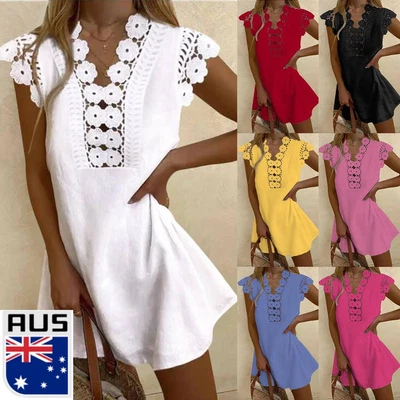 $18.49 • Buy Women Boho Lace V Neck Mini Dress Ladies Holiday Beach Party Sleeveless Sundress