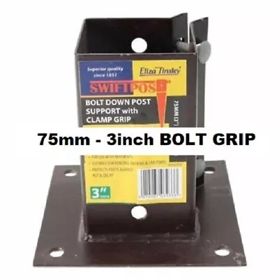 3  Bolt Down Bolt Grip Fence Supports - 75MM Post Timber Holder Like Metpost • £8.95