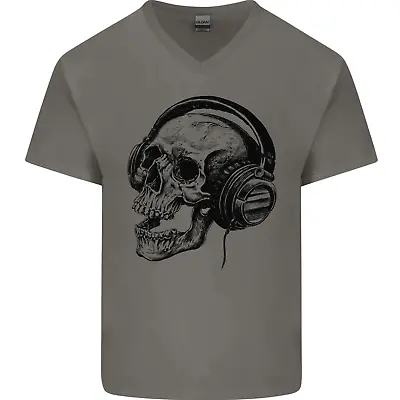 Skull Headphones Gothic Rock Music DJ Mens V-Neck Cotton T-Shirt • £8.99