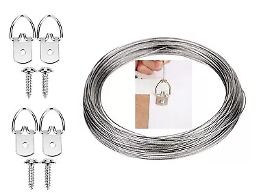 Picture Hanging Kit Heavy Duty D Rings + Screws & Steel Wire For Canvas Hanger • £3.95