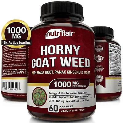 NutriFlair Horny Goat Weed 1000mg 60 Capsules - Epimedium With Ginseng Maca • $14.95