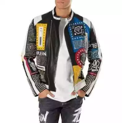 New Philipp Plein Multicolor Full Studded Embroidery Patches Mens Leather Jacket • $260