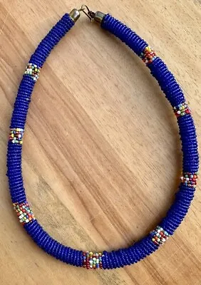 Handmade African Maasai Beaded Blue Seed Bead Choker Necklace • $50