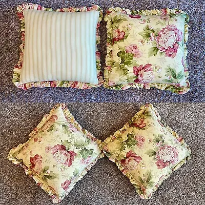 (2) Rose Tree Pale Yellow Romantic Floral Stripe 18”Square Throw Accent Pillows • $60.20