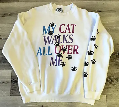 Vintage My Cat Walks All Over Me Sweatshirt Size XL Lee 90s Paw Prints AOP • $30