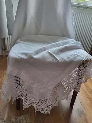 White Cotton Linen Square Table Cloth With Deep LACE Crotchet Edging • £12.50