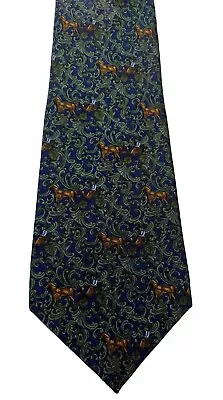 Vintage Longchamp Paris Equestrian Green Blue 100% Silk Tie 56” X 3.5” Italy • $14.99