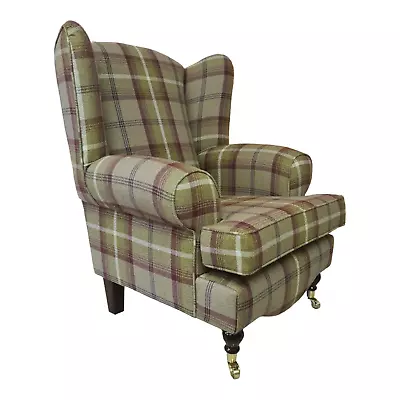 Queen Anne Wing Back Arm Chair With T-Cushion - Balmoral Heather Tartan Fabric • £479