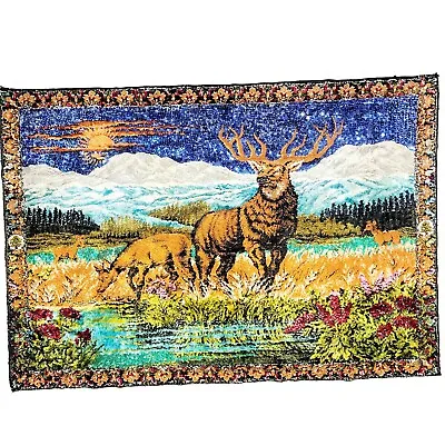 Vtg Tapestry Deer Stag Elk Buck Doe Mountains~Sequins Wall Hanging Decor~54 ×37  • $29.99