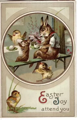 ANTIQUE EASTER Postcard     PAPA RABBIT FEEDING BUNNY AT TABLE CHICKS WATCHING • $3.25