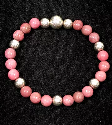 MILOR Pink Rhodonite Stone Round Bead Sterling Silver 925 Magnetic Bracelet 7.5  • $24.49