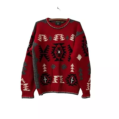 Vintage Club Room Mens Hand Knit Red Gray Geometric Wool Pullover Sweater Medium • $39.99