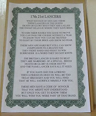 17th 21st Lancers Poem. • £5