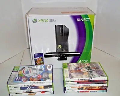 Microsoft Xbox 360 S Console/Kinect Bundle Black System Slim 4GB Plus 10 Games • $189.95