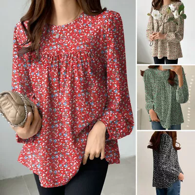 UK 8-24 Womens Long Sleeve O Neck Shirts Floral Printed Tops Swing A Line Blouse • $19.09