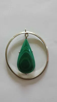 Vintage Huge Sterling Green Malachite Pendant 2.75   Long - UNUSUAL Design!! • $199