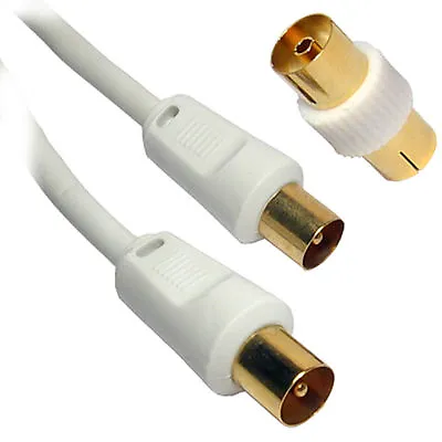 3m LONG RF Fly Lead Coaxial Aerial Cable TV Male To M Extension GOLD WHITE • £3.19