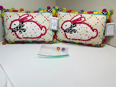 2 Mackenzie Childs Colorful Bunny Rabbit Easter Pillows Beaded Pom-Pom Dotty • $150