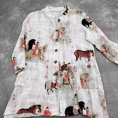 Soft Surroundings Tunic Blouse Song Dynasty Women Small Beige  Oriental Horses  • $35.97