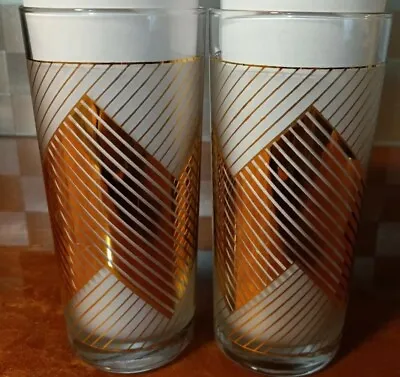 Vintage Culver Gold Chevron Design Over White Frosted Cocktail Glasses Lot Of 2 • $25