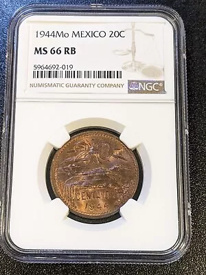 1944 MS66 RB Mexico 20 Centavos NGC UNC KM 439 Scarce Condition • $224.99