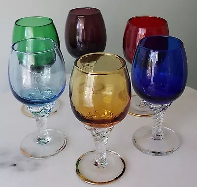 Murano Bohemian Gold Trim RAINBOW Cordial Whiskey Shot Art Glass Italy Set 6 • $59.95