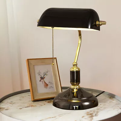 Antique Bankers Lamp Piano Table Light Desk Reading Fixture Vintage Glass Shade • $41.27