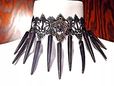 BLACK SPIKED LACE CHOKER Gunmetal Faceted Stone Bronze Gothic Punk Fringe  Y4 • $10.99