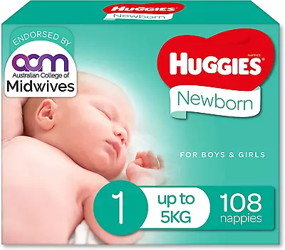 Huggies Newborn Nappies Size 1 (Up To 5Kg) 108 Count • $54.14
