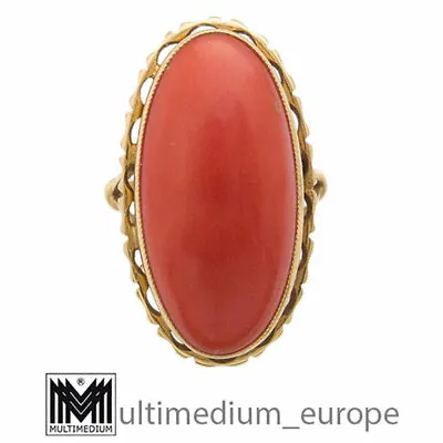 Large 750 Gold Ring Coral Large Oval Coral 18k 1950s 30s • £1093.70