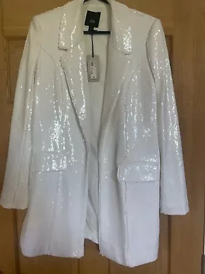 River Island WHITE SEQUIN LONGLINE BLAZER Size 10 Small New Party Wedding Wear • £55
