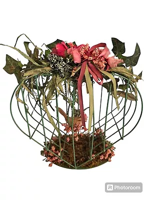 Vintage Heart Shaped Green Metal Bird Cage Flowers Bird Table Topper Decor  • $19.99