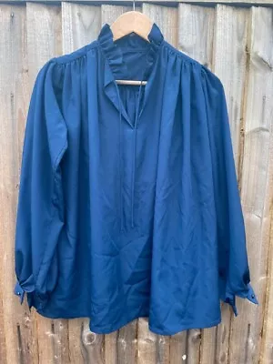 Vintage 1970s Blue Smock Kaftan Blouse Balloon Slvs Frilly Collar UK10-12 • £5