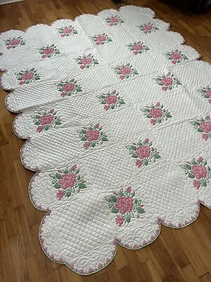 MINTY~Roses Pink Vintage Embroidered Quilt~Hand Quilting Cottage Chic • $249.98