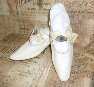 Antique Edwardian Shoes French Silk Steel Cut Rhinestone Buckle Wedding Slippers • $299.10