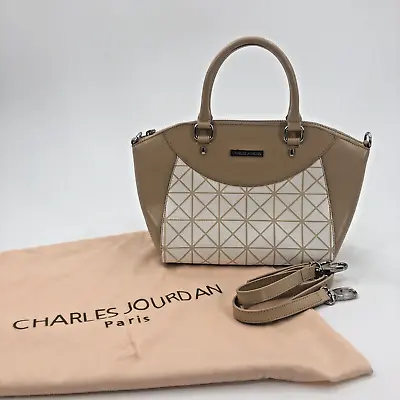 Charles Jourdan Lizzy Satchel Handbag Tan Ivory Geometric Inset Crossbody Strap • $67.99