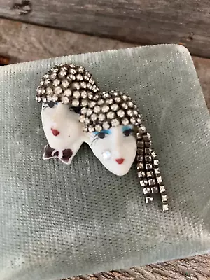 Vintage Elvira & Jackie Signed Porcelain Flapper Girl Faces Rhinestone Brooch • $9.99