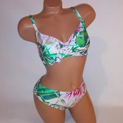 Fantasie Swim Bikini 32DDD Top Small Bottom Tropical Pink Green White Unlined • £57.82