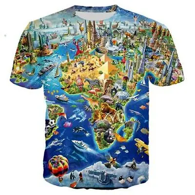 Women Men T-Shirt 3D Print Short Sleeve Tee Tops World Map And Animals Casual • £10.79