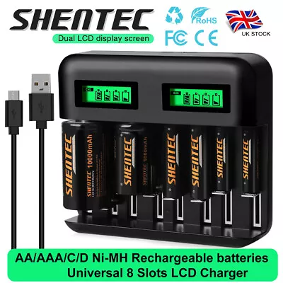 Universal 8-Slot Fast Battery Charger / AA AAA C D Ni-MH Rechargeable Batteries • £14.95