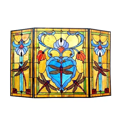 Fireplace Screen Tiffany Style Stained Glass 3 Section Dragonfly 44 X 28  NEW • $335.75