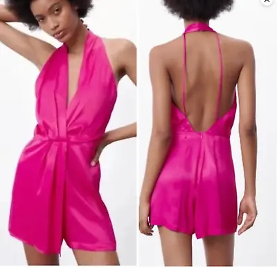Zara Satin XS Playsuit Romper Open Back Halter Neck Hot Pink V-Neck *FLAW* • $8.71
