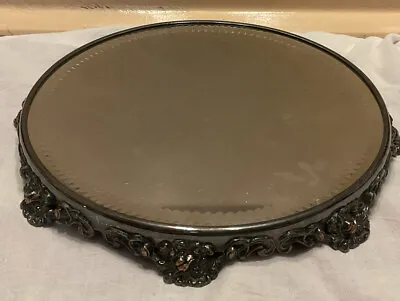 Antique Vtg Ornate 10” Round Footed Beveled Design Mirror Dresser Vanity Tray • $42.95