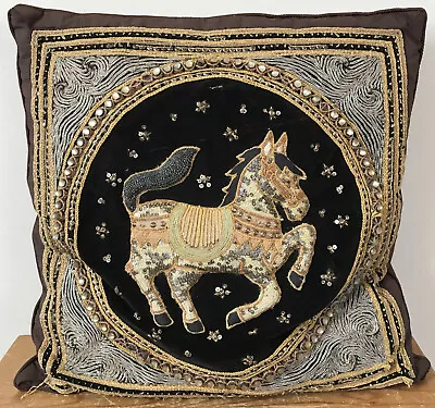 Vtg Middle Eastern Beaded Sequin Velvet Fabric Embroidered Horse Throw Pillow • $71.99