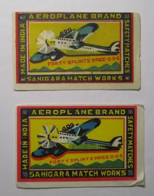 Vintage UNUSED! Lot 2 INDIA Matchbox Labels AEROPLANE BRAND Airplane Aviation • $14.99